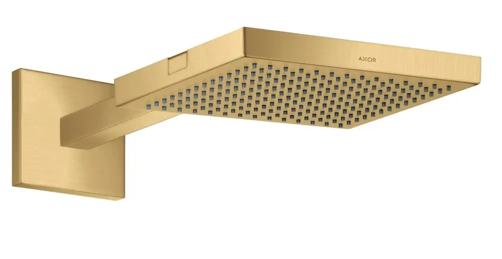Duschkopf mit rechteckiger Form in gebürstetem Gold, montiert an einem waagerechten Arm. Die Oberfläche zeigt eine strukturierte Anordnung kleiner Düsen. Marke AXOR sichtbar.